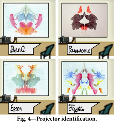 Fig. 4—Projector identification.: 4 panels of a psychoanalysts room containing a projection screen, a table with projectors on it, and the self-insert chair; the panels rotate between displaying Rorschachs 7-10, and the self-insert chairs dialogue identifies the brand name (BenQ, Panasonic, Epson, Fujifilm)